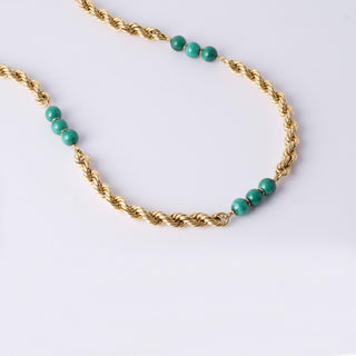 Vintage 14K Gold Rope Chain with Malachite Gemstone Beads Long Necklace 26"
