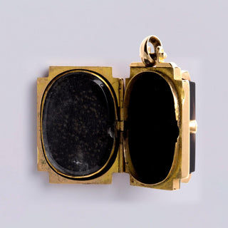 Victorian 18K Rose Gold Jet Cameo Locket Pendant Rose Cut Diamonds