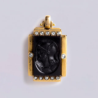 Victorian 18K Rose Gold Jet Cameo Locket Pendant Rose Cut Diamonds