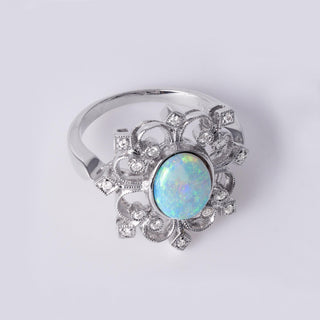 18K White Gold Australian Opal & Diamond Filigree Ring Filigree