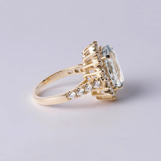 Vintage 14K Yellow Gold 5.27 Carat Oval Aquamarine & Diamond Halo Ring