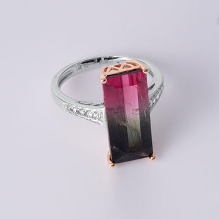 Natural 5.60 Carat Watermelon Tourmaline & Diamond Ring in 14K Rose Gold