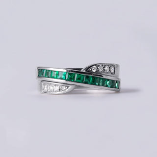 Emerald Princess Cut and Diamond Cross Over Band 18K White Gold