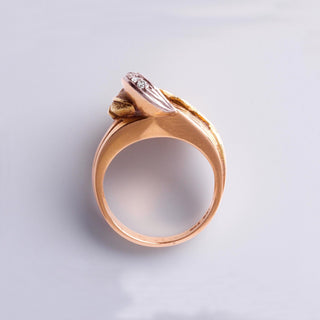 Retro Tri Gold Leaf Ring | Rose Cut Diamonds in 18K Yellow, White & Rose Gold