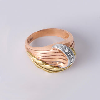 Retro Tri Gold Leaf Ring | Rose Cut Diamonds in 18K Yellow, White & Rose Gold