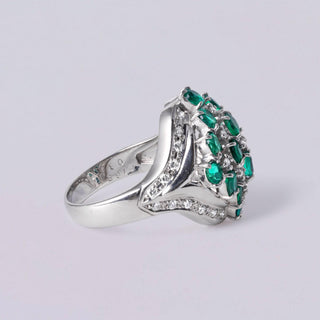 Vintage Platinum Emerald and Diamond Cluster Cocktail Ring