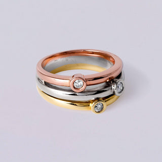 Floating Diamonds Bezel Set 14 Karat Tri Gold 3 Row Ring Band Size 7.25