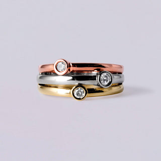 Floating Diamonds Bezel Set 14 Karat Tri Gold 3 Row Ring Band Size 7.25