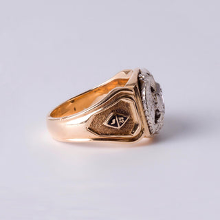 14K Gold Masonic Ring | Double Eagle Head | 0.18ct Old European Cut Diamond