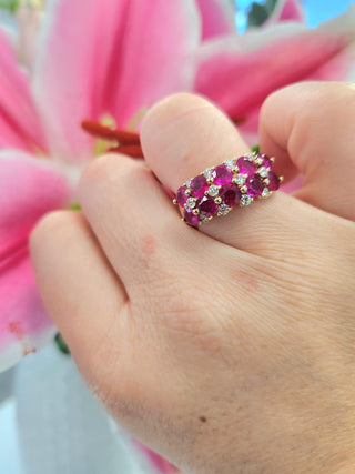Double Row Ruby & Diamond Ring | 3.50ct Rubies in 14K Yellow Gold