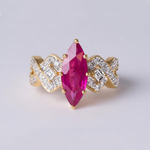 Vintage 2.53 Carat Elongated Ruby Marquise  and Diamond Ring 18K Yellow Gold