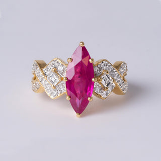 Vintage 2.53 Carat Elongated Ruby Marquise  and Diamond Ring 18K Yellow Gold
