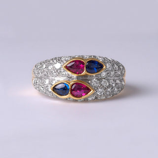 Ruby and Sapphire Pear shape Cabochon and Double Row Pave Diamond Ring Band, 18K