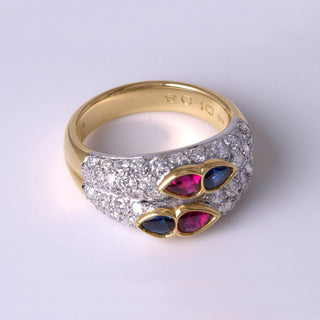 Ruby and Sapphire Pear shape Cabochon and Double Row Pave Diamond Ring Band, 18K