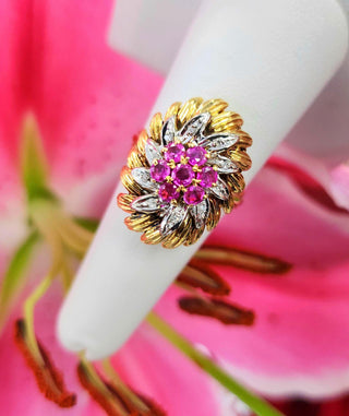 Italian Vintage Gold Pink Sapphire & Diamond Ring  18K Two-Tone Gold