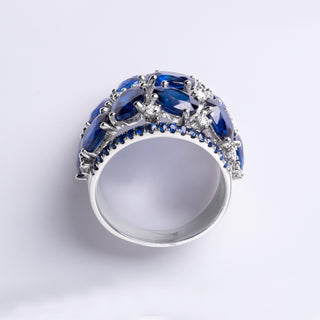 18K Gold 11 Carats Royal Blue Sapphire and Diamond Dome Cocktail Ring