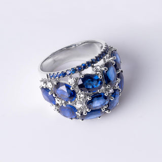 18K Gold 11 Carats Royal Blue Sapphire and Diamond Dome Cocktail Ring
