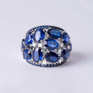 18K Gold 11 Carats Royal Blue Sapphire and Diamond Dome Cocktail Ring