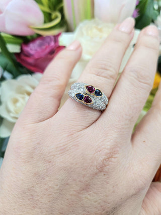 Ruby and Sapphire Pear shape Cabochon and Double Row Pave Diamond Ring Band, 18K