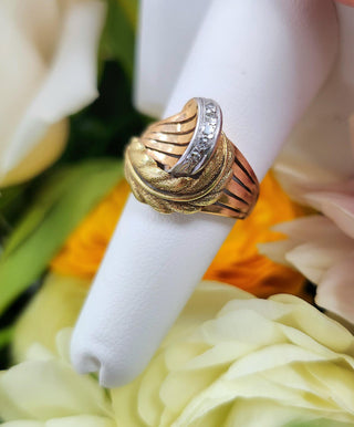 Retro Tri Gold Leaf Ring | Rose Cut Diamonds in 18K Yellow, White & Rose Gold