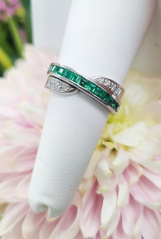 Emerald Princess Cut and Diamond Cross Over Band 18K White Gold