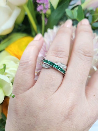 Emerald Princess Cut and Diamond Cross Over Band 18K White Gold