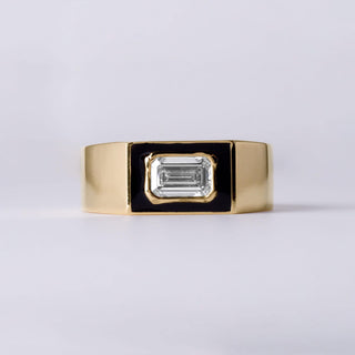 0.70 Carat Emerald Cut Diamond Black Enamel Bezel Set 14K Yellow Gold Cigar Ring