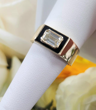 0.70 Carat Emerald Cut Diamond Black Enamel Bezel Set 14K Yellow Gold Cigar Ring