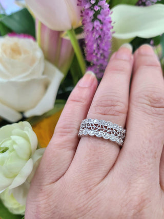 Elegant 18K White Gold Filigree Diamond Band | 0.64 Carat Pavé Set Wide Band
