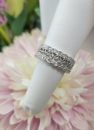 Elegant 18K White Gold Filigree Diamond Band | 0.64 Carat Pavé Set Wide Band