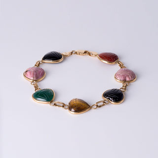 Vintage 14k Gold Multi-Gemstone Scarab Heart Bracelet - Onyx, Carnelian