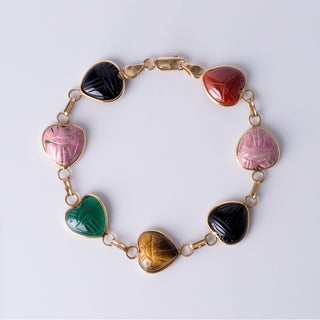 Vintage 14k Gold Multi-Gemstone Scarab Heart Bracelet - Onyx, Carnelian