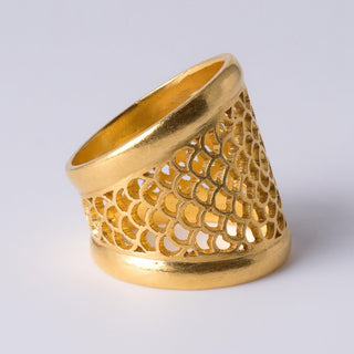 Bold 22K Floral Cut-Out Wide Band Ring – Matte Gold Statement Piece