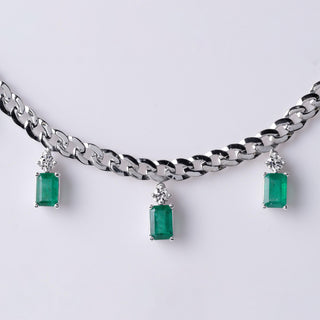 Emerald and Diamond Dangle Necklace on 18k White Gold Cuban Link Chain