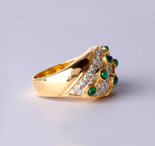 18K Gold Dome Ring with Emerald Cabochon & Pave Diamonds