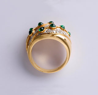 18K Gold Dome Ring with Emerald Cabochon & Pave Diamonds