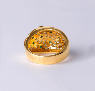 18K Gold Dome Ring with Emerald Cabochon & Pave Diamonds