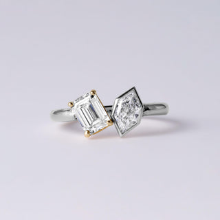 14K 2Tone Toi et Moi 1.31 Carats Kite and Emerald Cut Diamond Bezel Set Ring