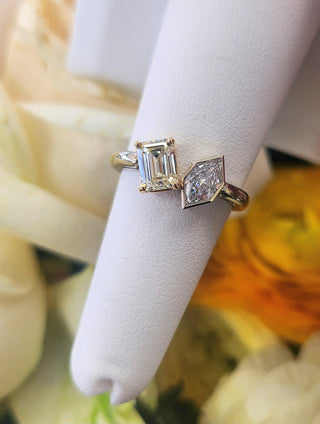 14K 2Tone Toi et Moi 1.31 Carats Kite and Emerald Cut Diamond Bezel Set Ring