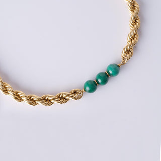 Vintage 14K Gold Rope Chain with Malachite Gemstone Beads Long Necklace 26"