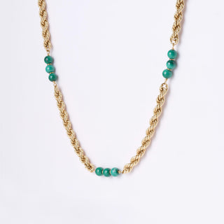 Vintage 14K Gold Rope Chain with Malachite Gemstone Beads Long Necklace 26"