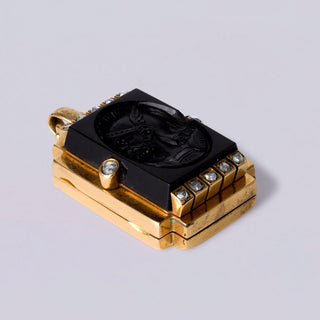 Victorian 18K Rose Gold Jet Cameo Locket Pendant Rose Cut Diamonds