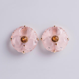 Vintage Floral Carved Rose Quartz & Citrine Clip-On Earrings in 14K Yellow Gold