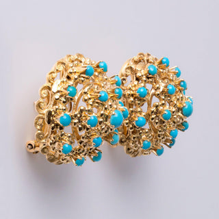 Vintage Italian Turquoise Dome French Lever Back 18K Yellow Gold Earrings
