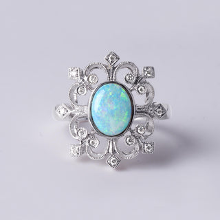 18K White Gold Australian Opal & Diamond Filigree Ring Filigree