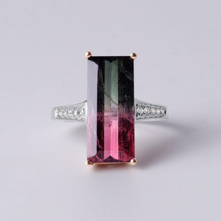 Natural 5.60 Carat Watermelon Tourmaline & Diamond Ring in 14K Rose Gold