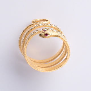 Diamond and Ruby Eyes Serpent Wrap Around Ring 21K Yellow Gold