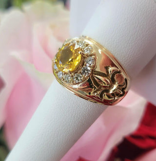 Fleur de Lis 2 Carat Yellow Sapphire and Diamond Statement Ring 14K Yellow Gold