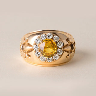 Fleur de Lis 2 Carat Yellow Sapphire and Diamond Statement Ring 14K Yellow Gold