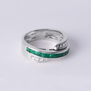 Emerald Princess Cut and Diamond Cross Over Band 18K White Gold